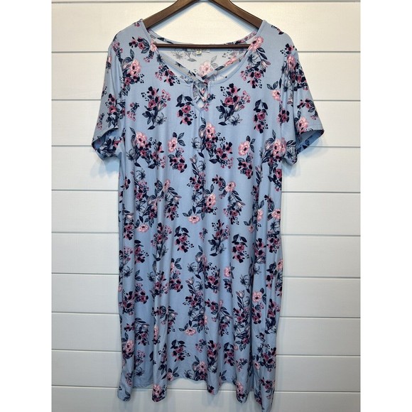 Pink Rose Short Sleeve Dress 2X XXL Blue Floral Stretch Criss Cross Knee Length - Picture 2 of 7
